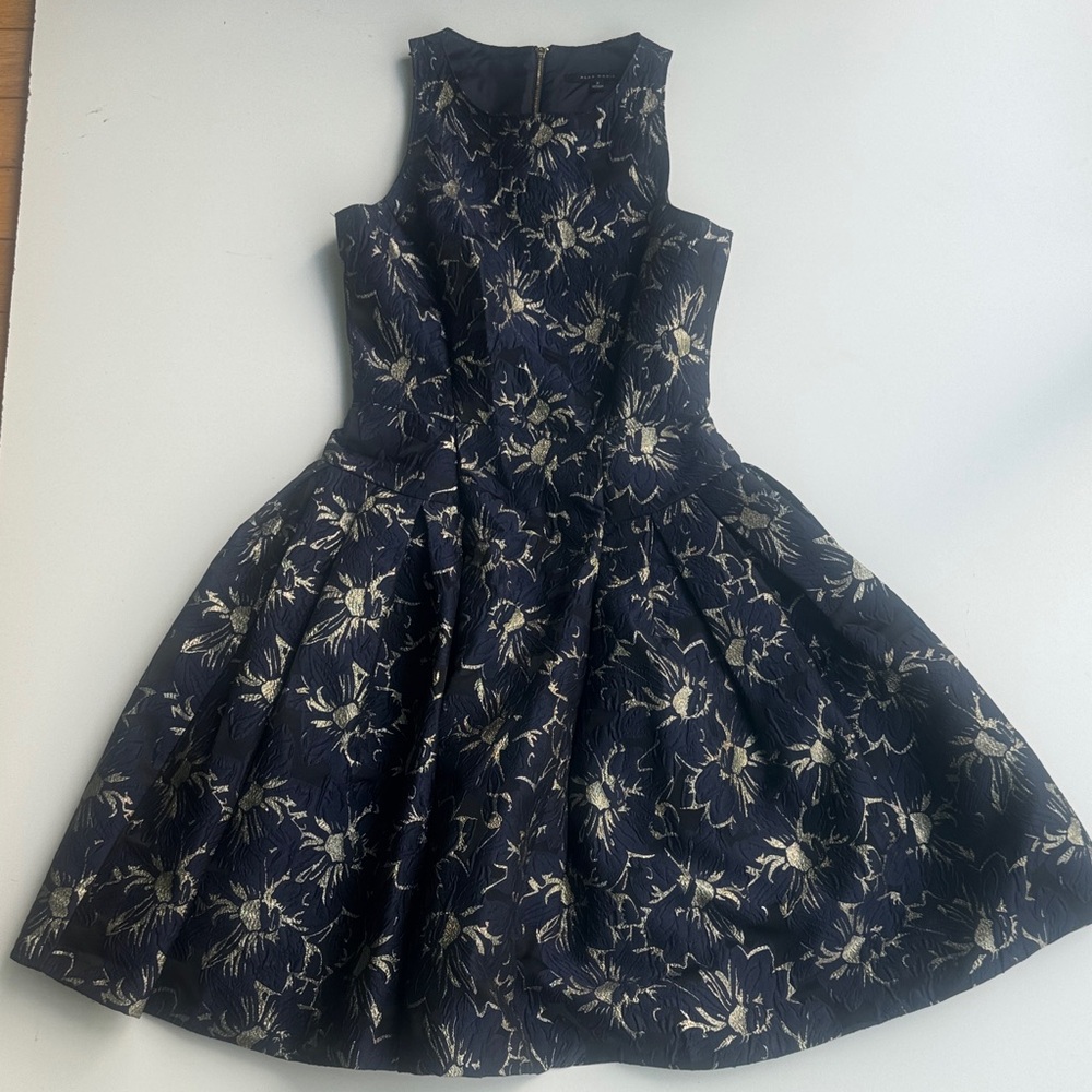Alex Marie Navy and Gold Floral Brocade Dress